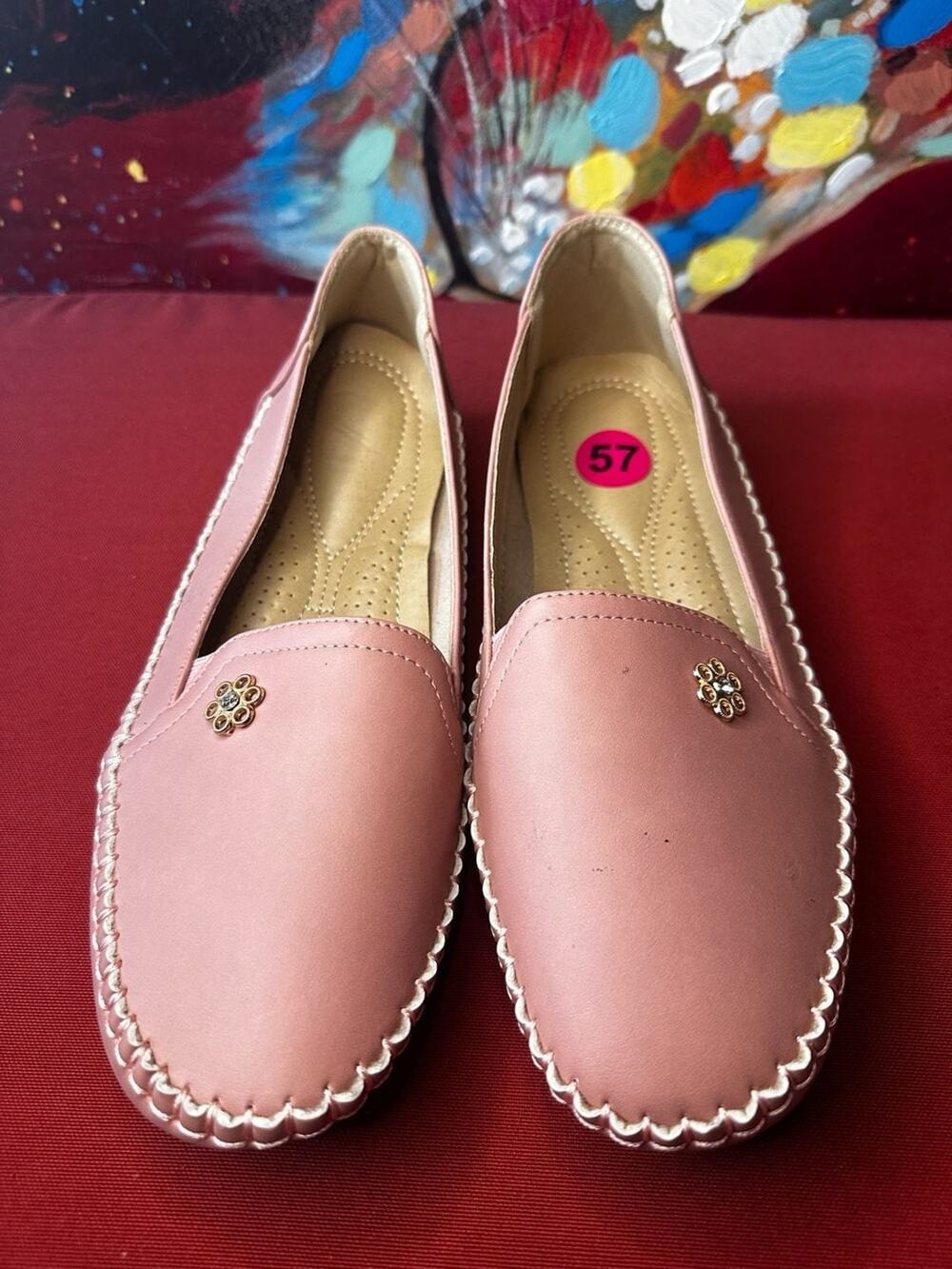 No.57 Women's Pink Faux Leather Floral Embellished Loafer Flats Size 41